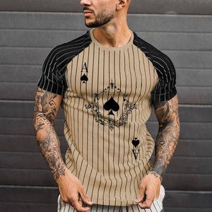 Ace of Spades Striped Khaki / Tan Crew Neck T Shirt -Men's Graphic Print T-Shirt